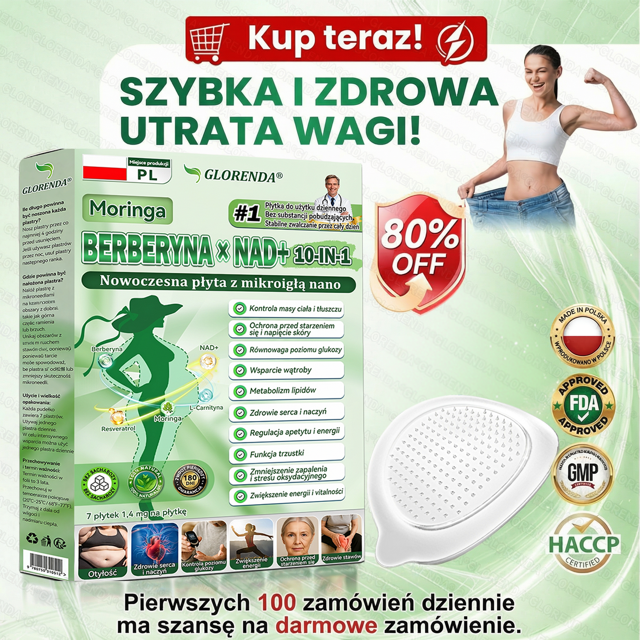 🇵🇱 Oficjalny Sklep|🔍Glorenda® Moringa · Berberyna × NAD+ 10-w-1 Zaawansowana Nano Mikronakłuwająca Plaster (tylko raz dziennie, widoczne efekty już po 7 dniach) ✅ Dla osób z otyłością, luźną skórą, cukrzycą, bezdechem sennym, problemami stawowymi i inn